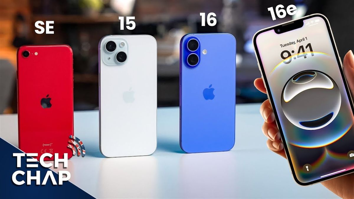 Thumbnail image for video titled "Should You Buy the iPhone 16e? (SE vs 15 vs 16 vs 16e Buying Guide)" from The Tech Chap channel, featuring a collage of iPhone models with the host pointing towards the iPhone 16e, surrounded by text highlighting key features and comparisons.