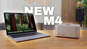 Thumbnail image showing a vibrant sky blue MacBook Air and a sleek Mac Studio on a wooden desk, with the text "NEW Sky Blue MacBook Air + Mac Studio Unboxing 2025!" prominently displayed. The background features tech accessories and a modern workspace setup, capturing an exciting tech unboxing atmosphere.