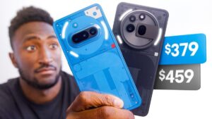 Thumbnail image for the video "Nothing Phone 3a/Pro: Now Do a Flagship!" by Marques Brownlee featuring Marques holding the Nothing Phone 3a/Pro with a thoughtful expression, surrounded by tech gadgets, emphasizing the theme of flagship phone discussion.