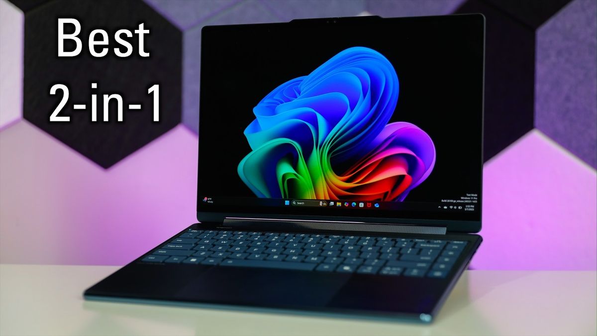 Thumbnail image for the video "Lenovo Yoga 9i 2-in-1 - Max AURA!" by UrAvgConsumer, showcasing the sleek and modern design of the Lenovo Yoga 9i laptop with a vibrant and colorful background, emphasizing its versatility as a 2-in-1 device.