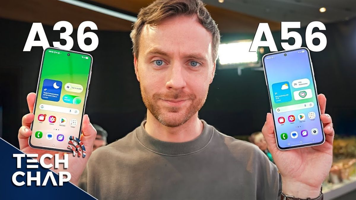 A thumbnail image showing The Tech Chap holding the Samsung Galaxy A36 and A56 smartphones, with bold text overlay that reads "Forget the iPhone 16e!" and a vibrant background highlighting the devices.